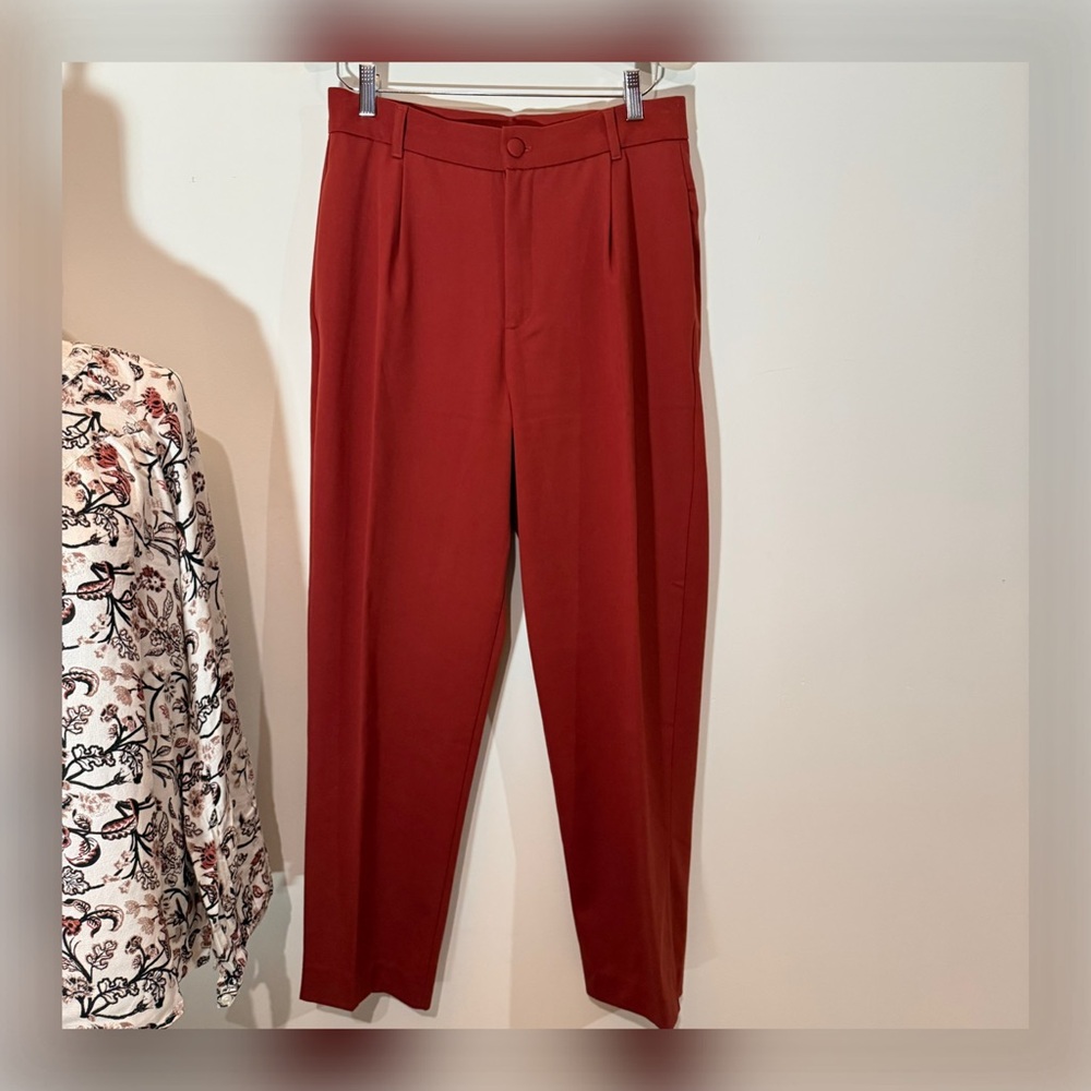 ZARA Women Pleated Ankle Pants in Deep Brick Red